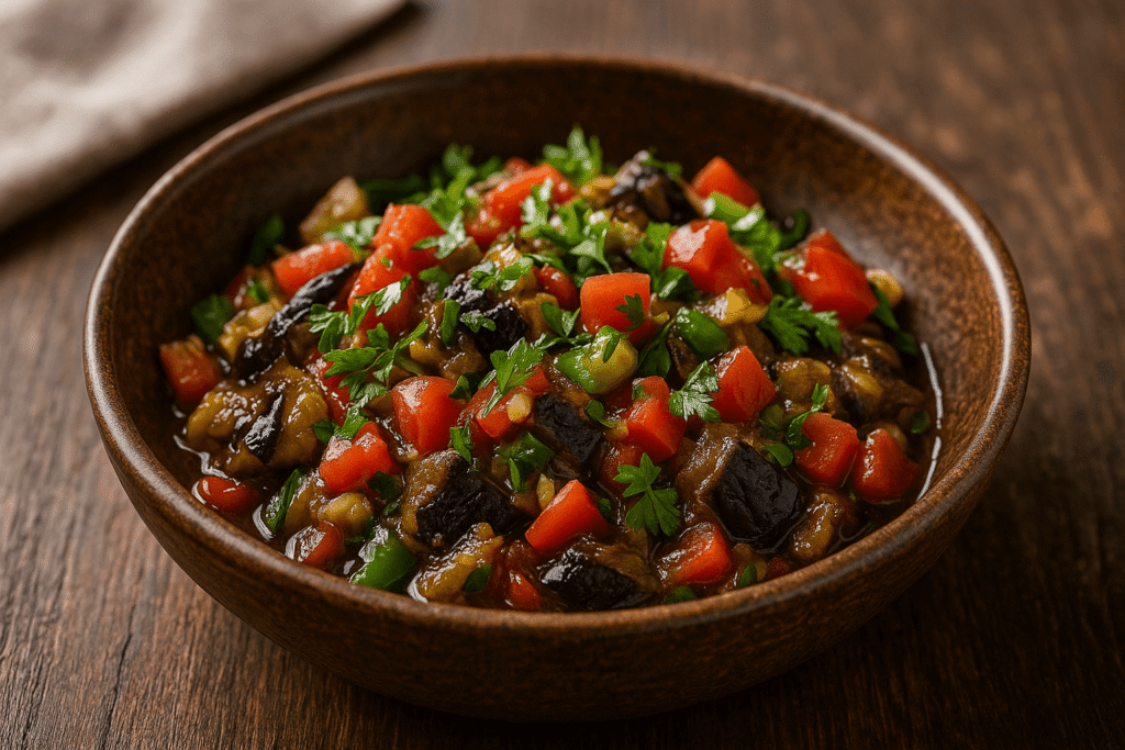 (recette salade d’aubergines grillées • salade d’aubergines épicée • mezzé d’aubergines à la tomate)